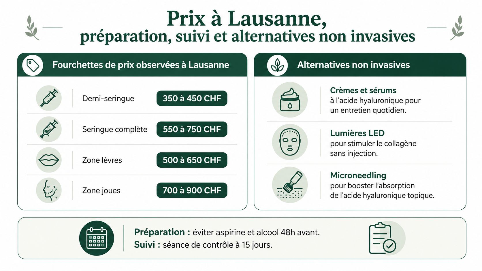 Tableau récapitulatif des prix des injections d'acide hyaluronique à Lausanne, avec conseils de préparation et alternatives non invasives.