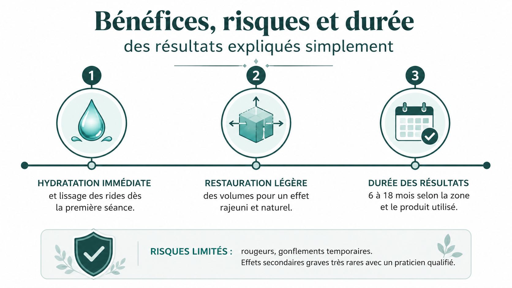 Infographie expliquant les bénéfices, risques et la durée des résultats des injections d'acide hyaluronique.