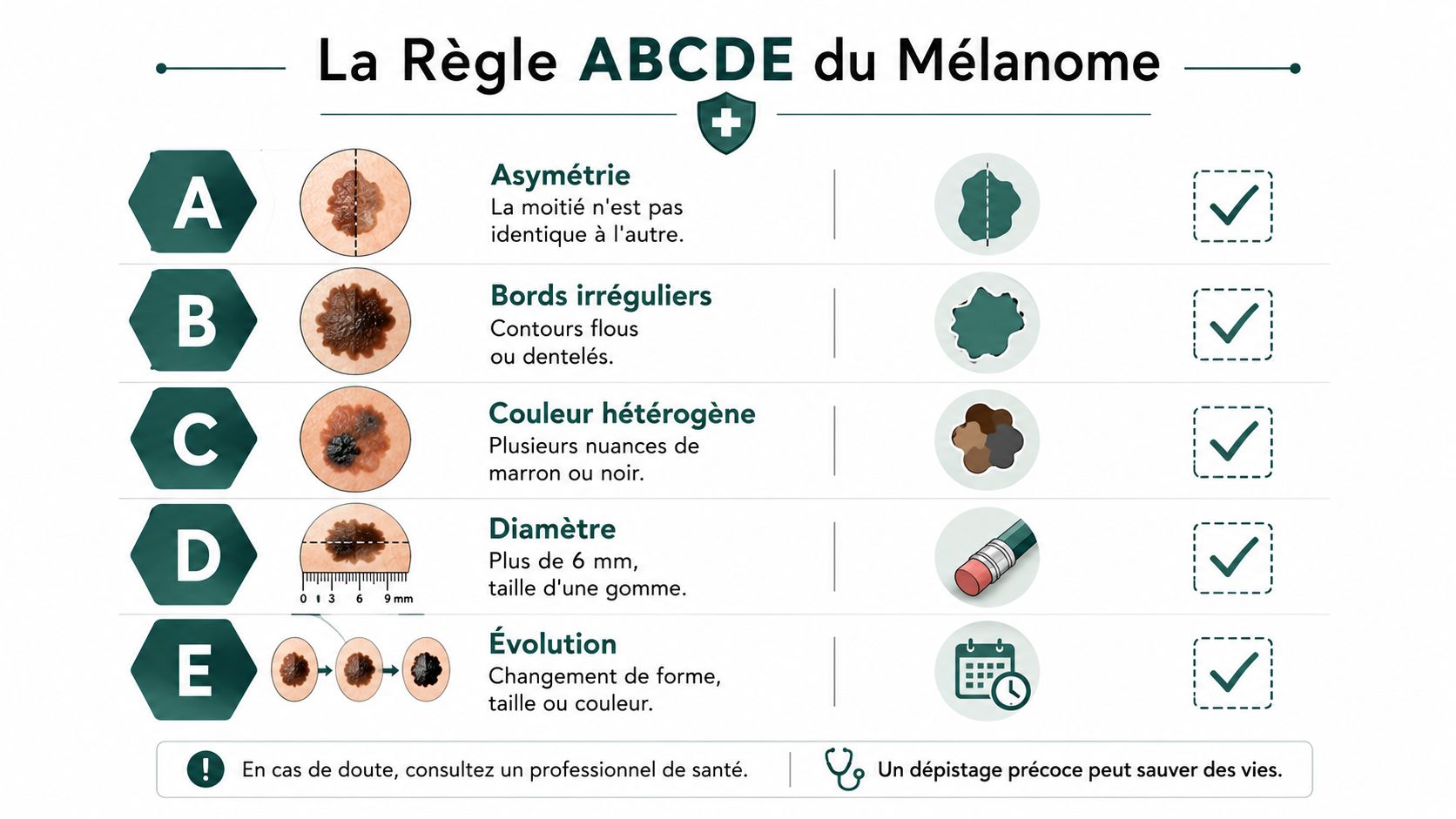 Infographie explicative illustrant la règle ABCDE pour repérer les signes suspects d'un mélanome sur la peau.