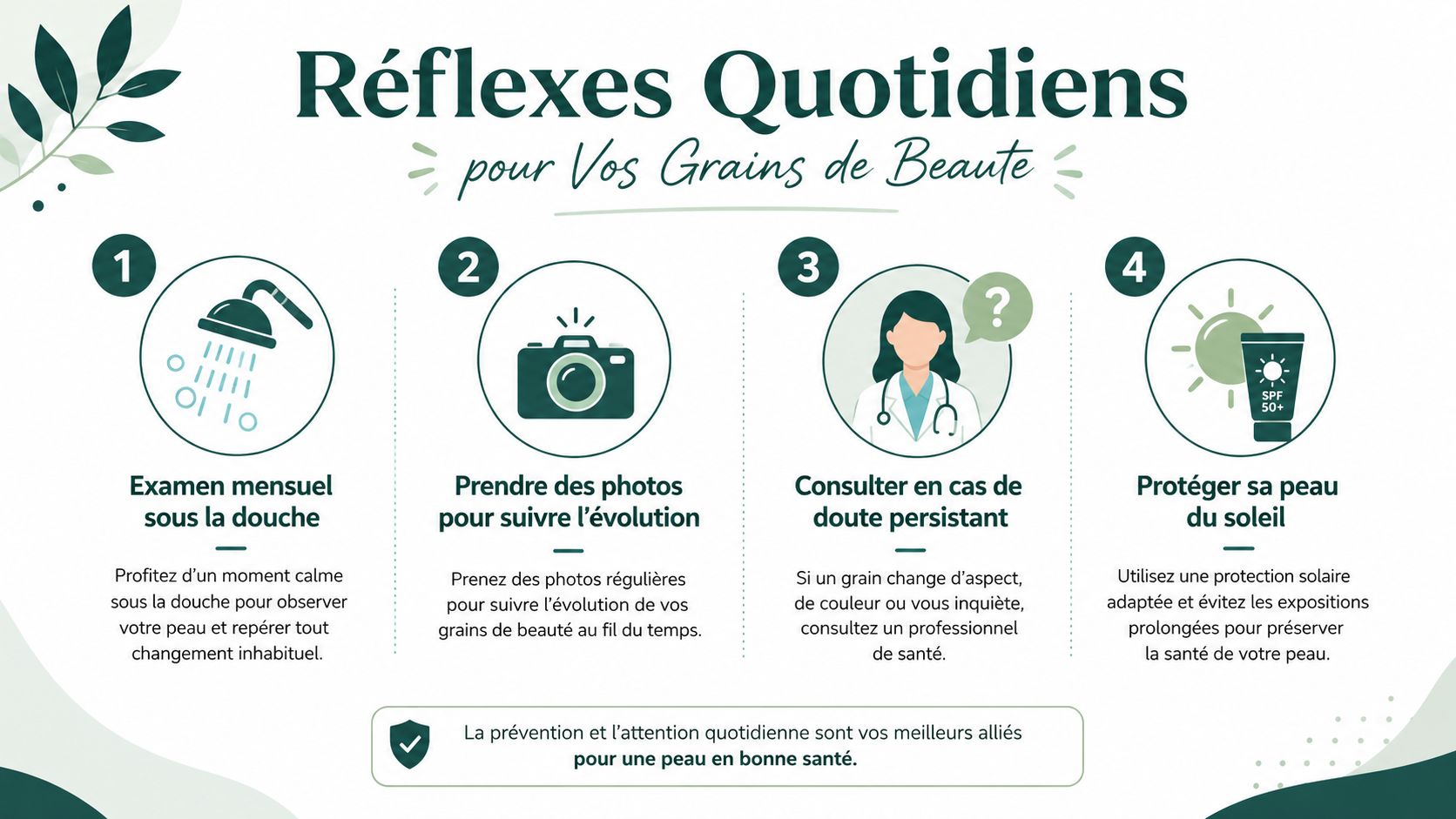Infographie illustrant quatre conseils de prévention pour surveiller la santé et l'évolution des grains de beauté.