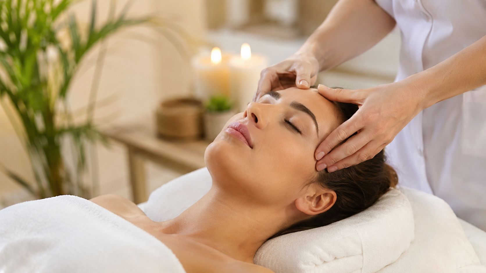 Une esthéticienne effectue un massage relaxant du visage kobido sur une femme allongée avec les yeux fermés