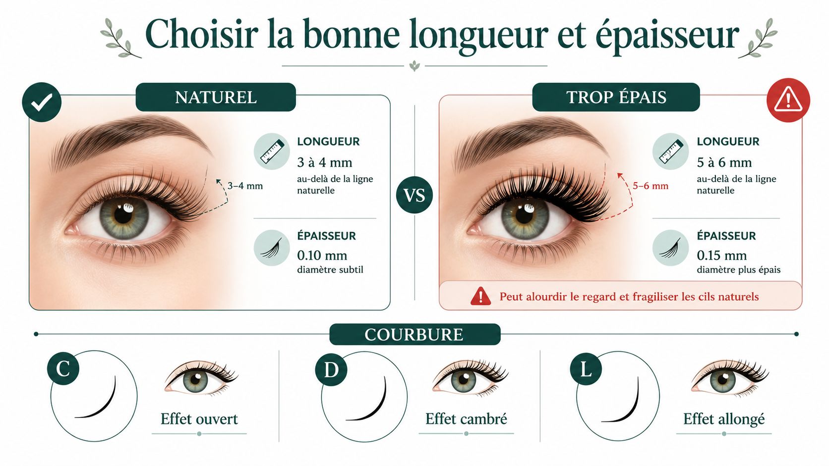 Infographie comparant les longueurs et épaisseurs pour des extensions de cils avec un rendu naturel ou exagéré.