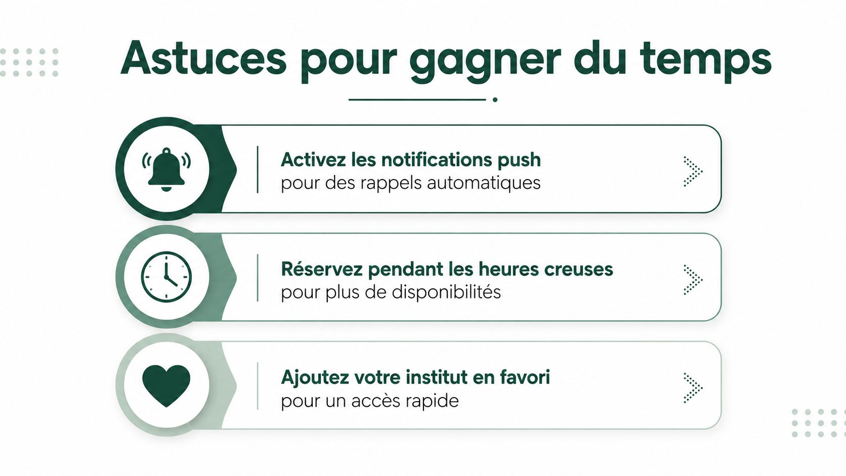 Une liste en français avec trois astuces pour optimiser la réservation en ligne dans un institut de beauté.