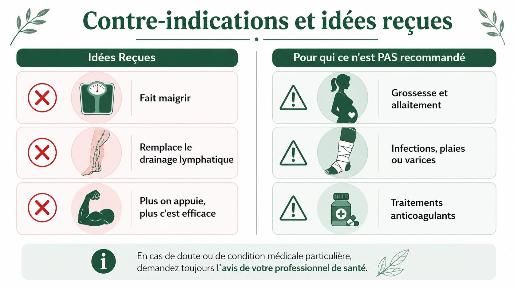 Tableau récapitulatif des contre-indications et idées reçues sur la technique de massage palper-rouler pour la santé.