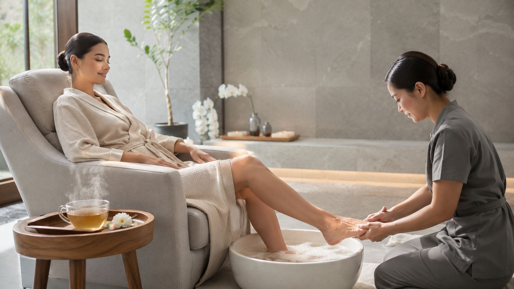 Une femme détendue reçoit un soin des pieds professionnel dans un spa luxueux et apaisant.