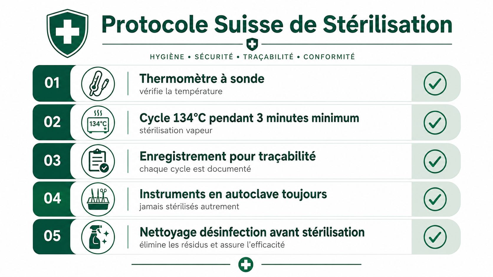Affiche illustrant les cinq étapes essentielles du protocole suisse de stérilisation pour le matériel médical ou esthétique.