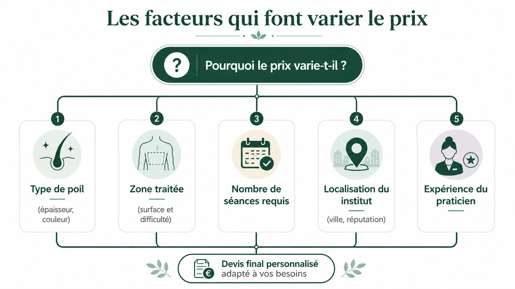 Infographie illustrant les cinq facteurs principaux influençant le prix d'un traitement d'épilation définitive en institut spécialisé.