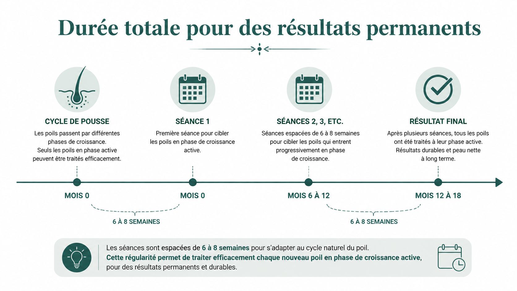 Schéma explicatif montrant le cycle de pousse du poil et le calendrier des séances d'épilation définitive laser.