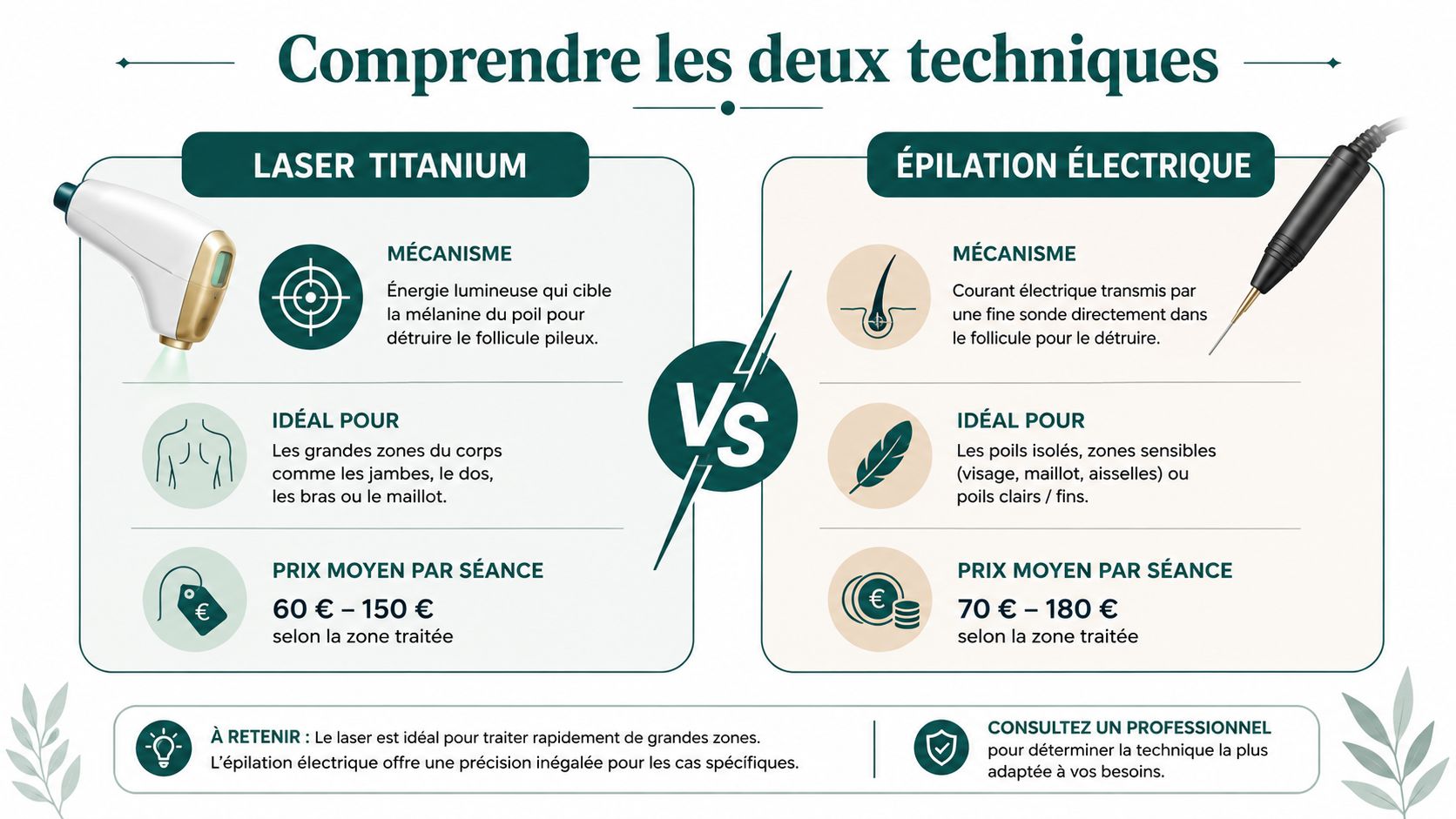 Comparaison entre l'épilation au laser Titanium et l'épilation électrique, détaillant leurs mécanismes, zones d'application et prix moyens.