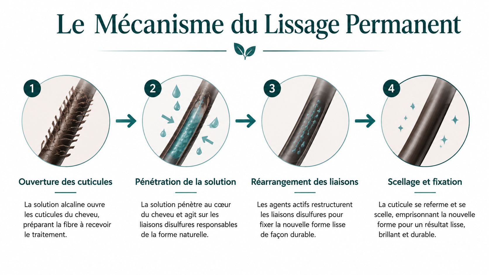 Schéma explicatif illustrant les quatre étapes du processus de lissage permanent pour les cheveux en salon.