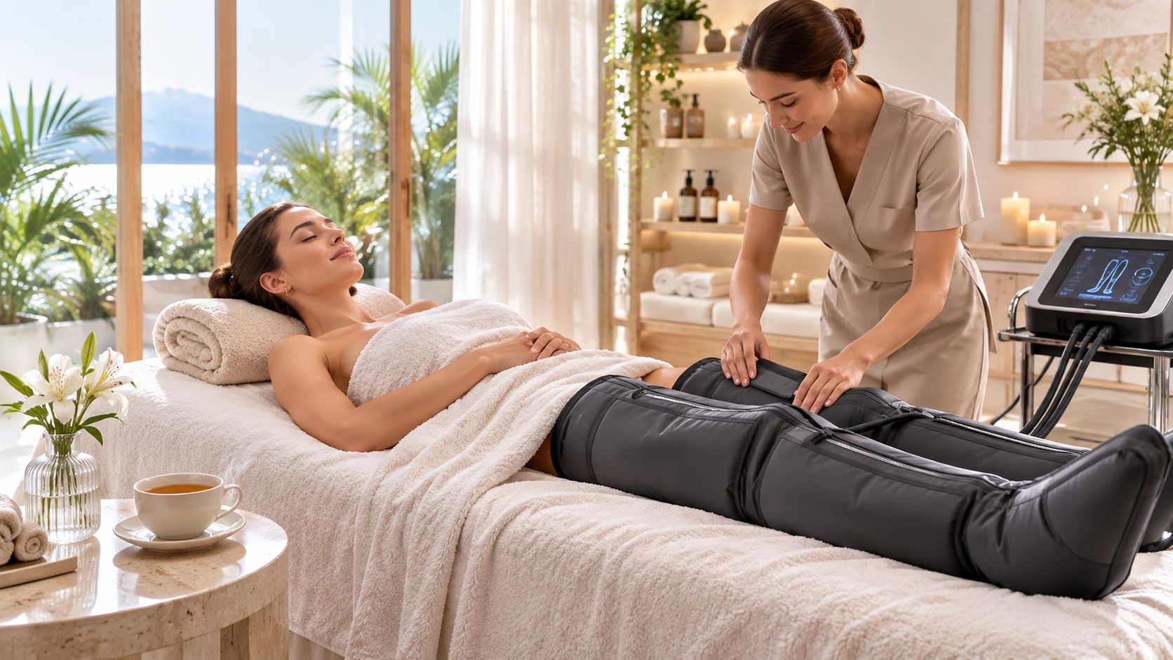 Une femme reçoit un traitement de pressothérapie pour les jambes dans un spa luxueux à Genève.