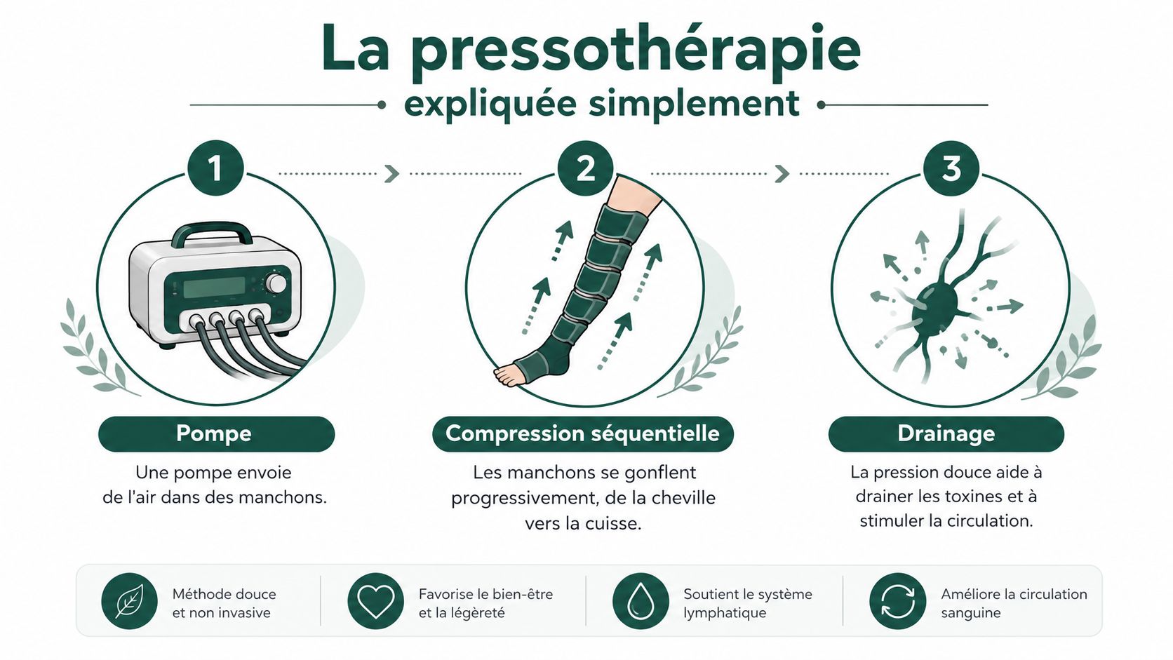 Une infographie expliquant simplement le processus de la pressothérapie en trois étapes clés avec des illustrations.