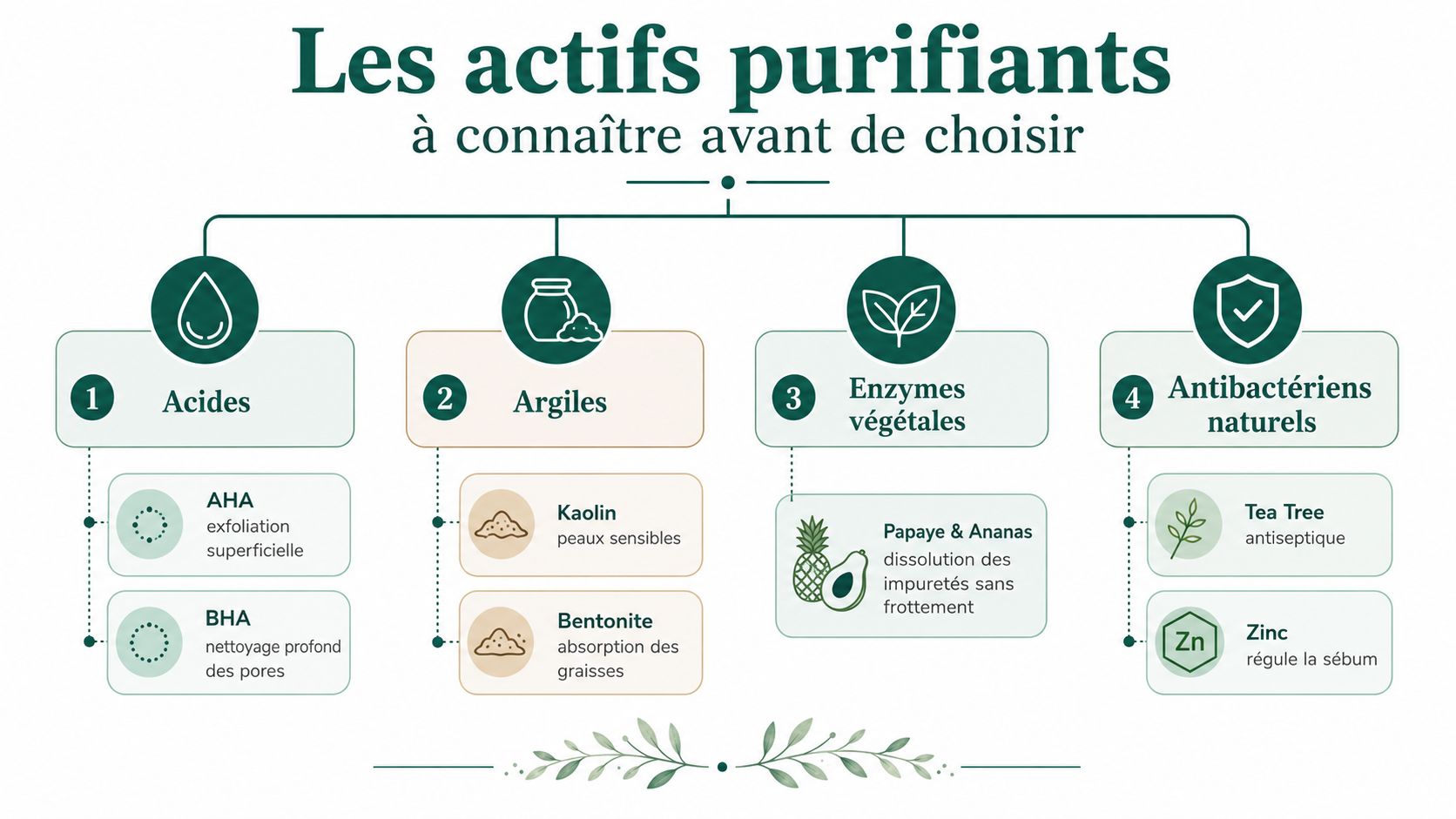 Infographie illustrant les différents actifs purifiants pour le soin du visage, incluant acides, argiles, enzymes et antibactériens.
