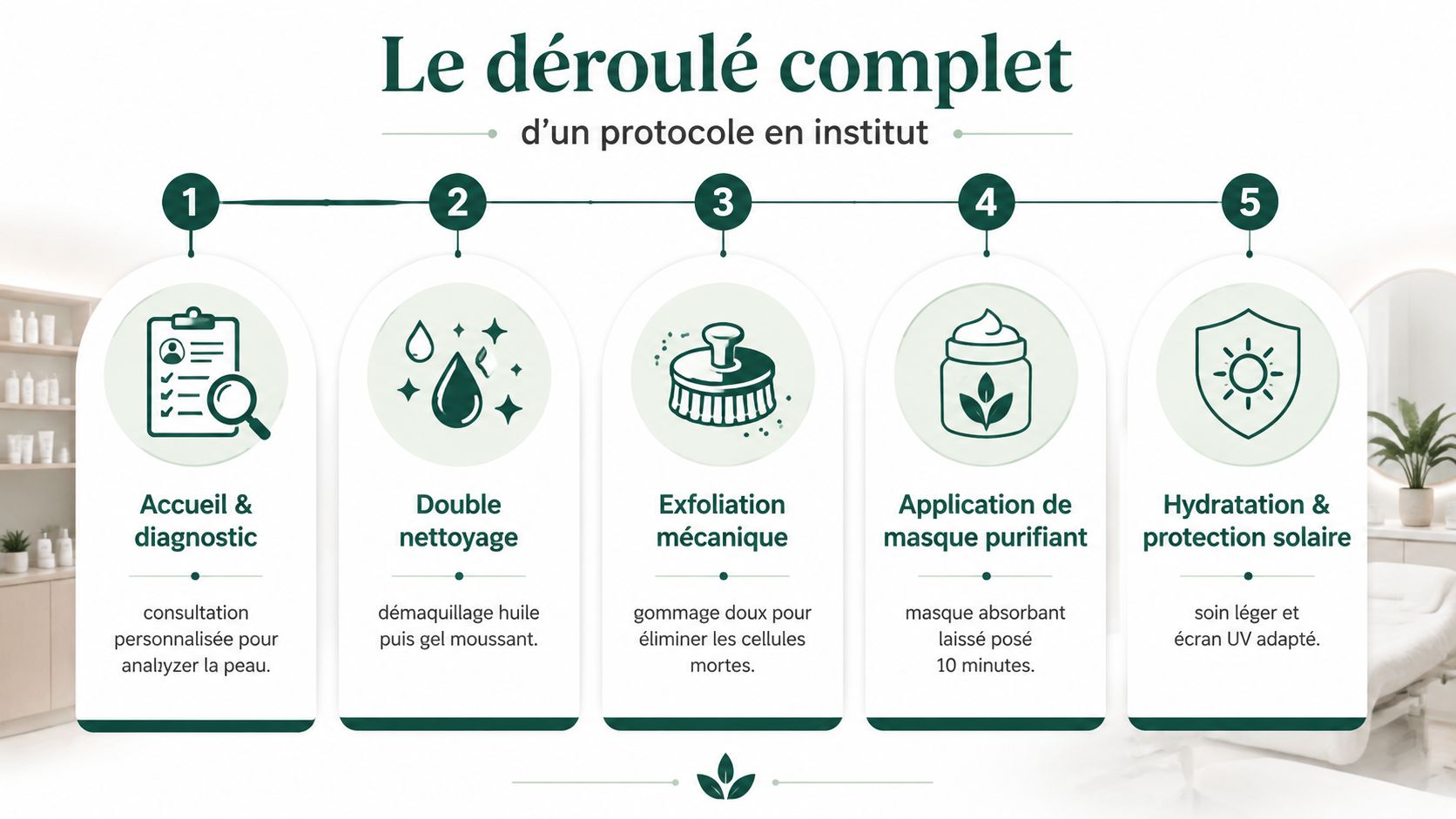 Infographie illustrant les cinq étapes d'un protocole de soin du visage purifiant en institut de beauté.