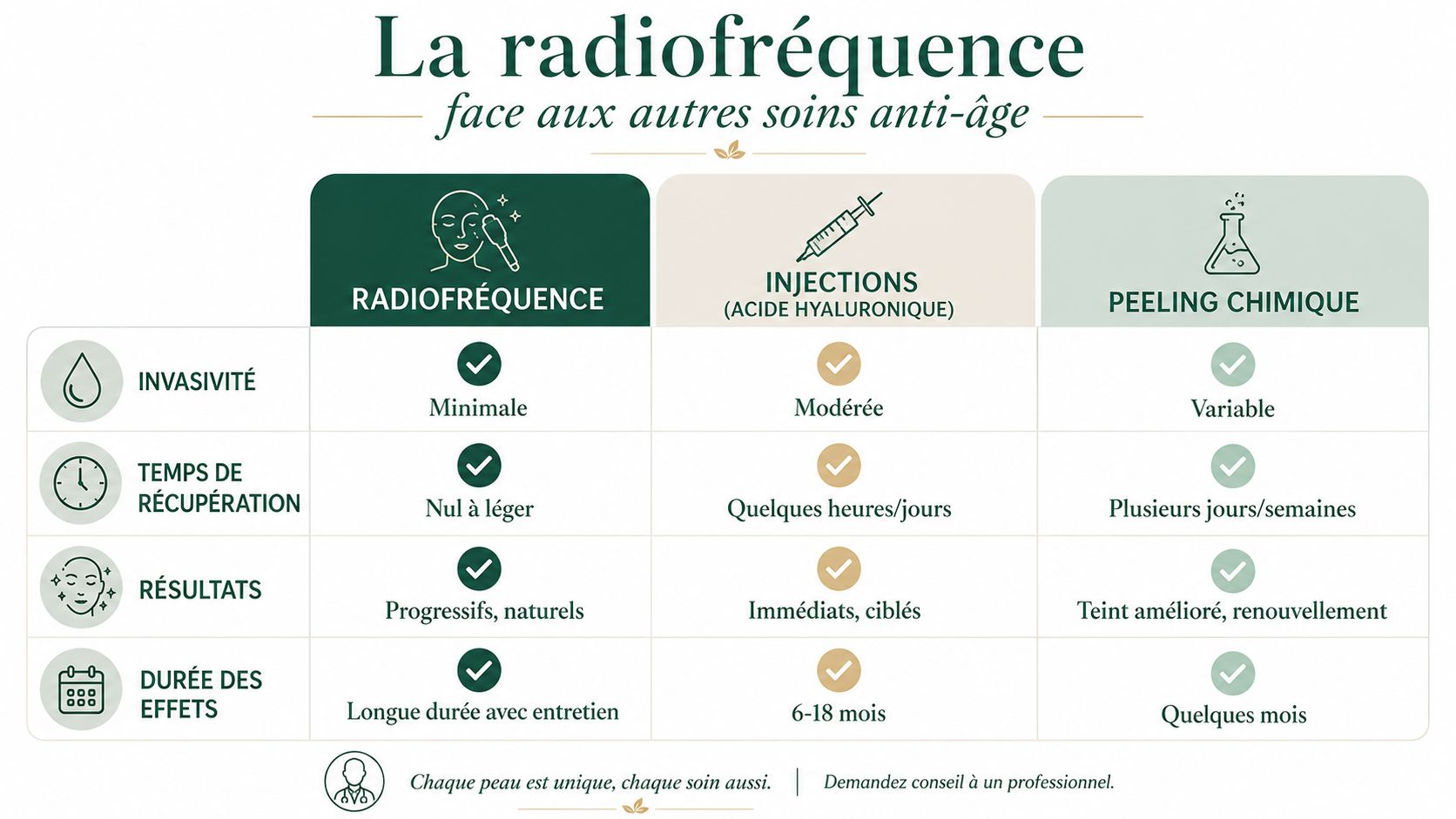 Tableau comparatif entre la radiofréquence, les injections d'acide hyaluronique et les peelings chimiques pour les soins anti-âge.