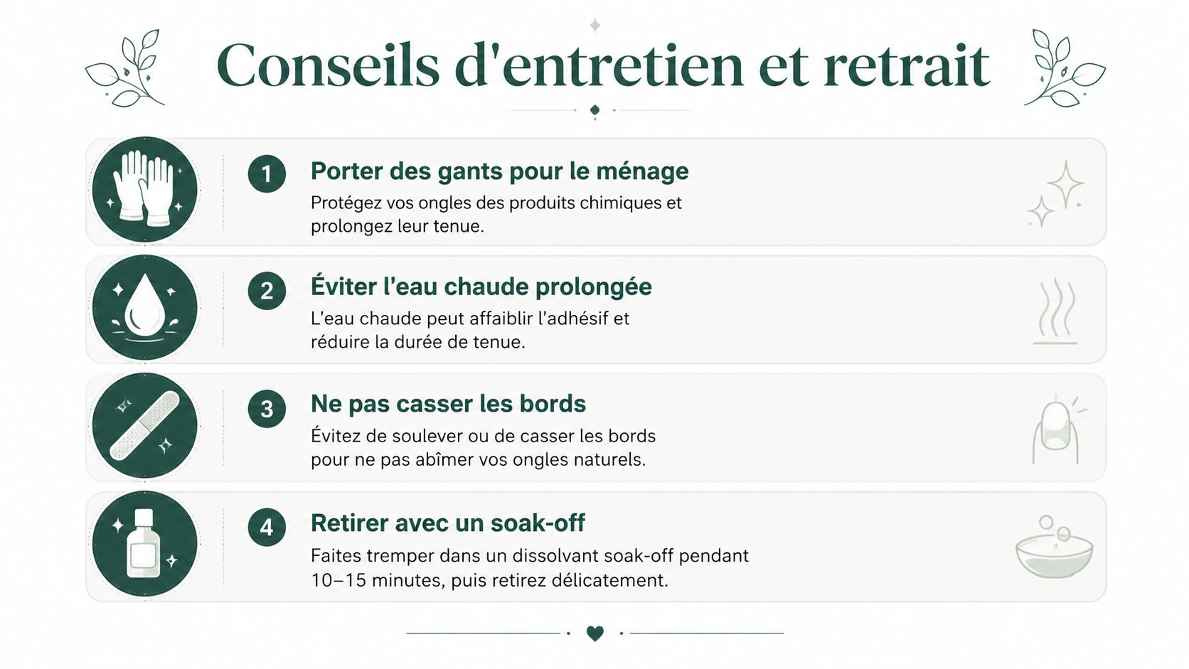 Une infographie avec des conseils pour l'entretien et le retrait de vernis à ongles semi-permanent.