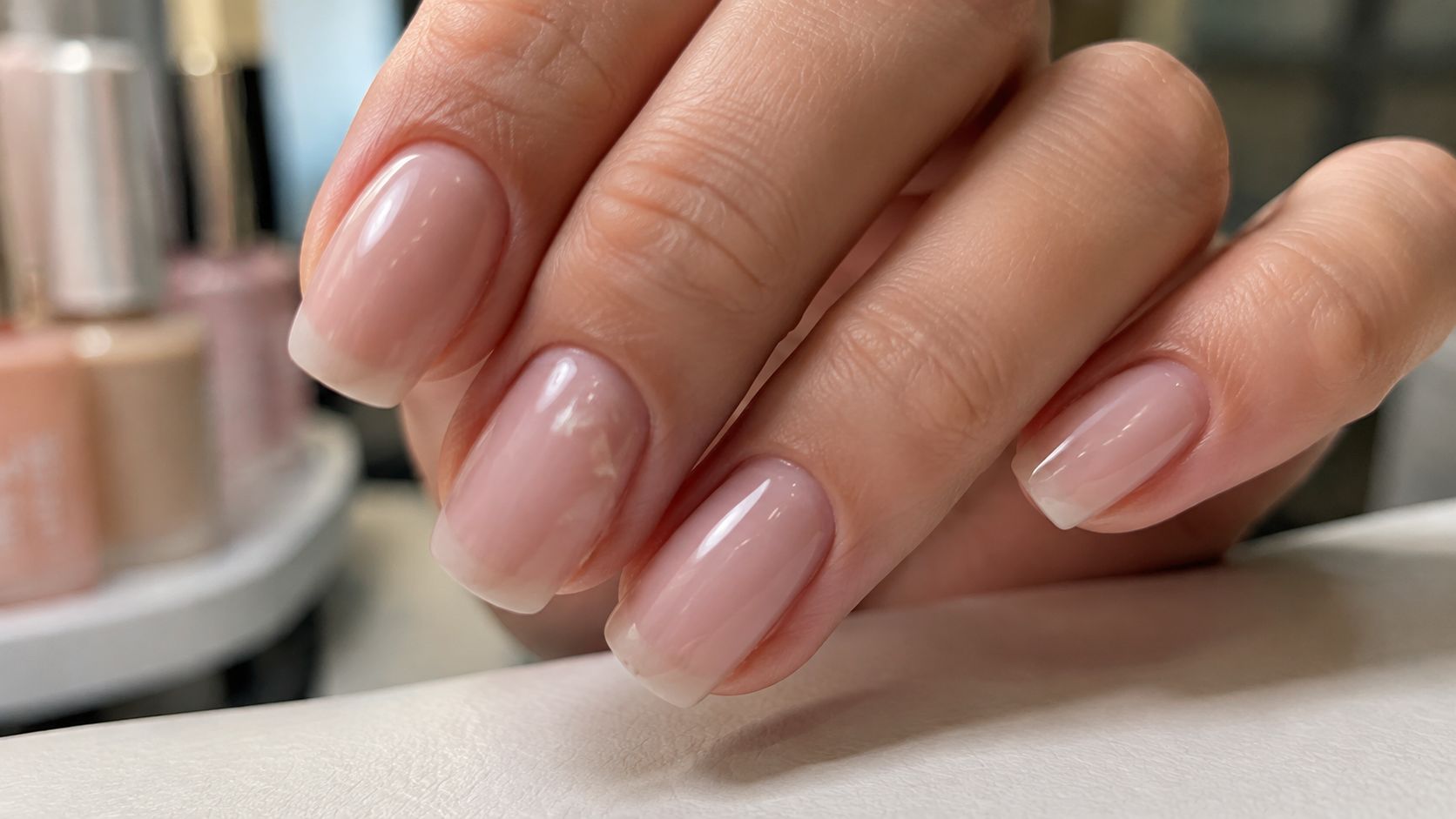 Une main féminine avec une manucure soignée mettant en valeur des ongles courts au fini naturel brillant.
