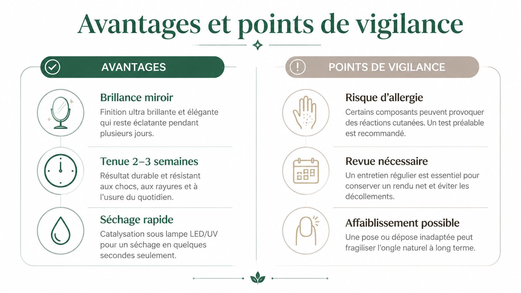 Tableau comparatif des avantages et points de vigilance du vernis semi-permanent pour une application sur les ongles.