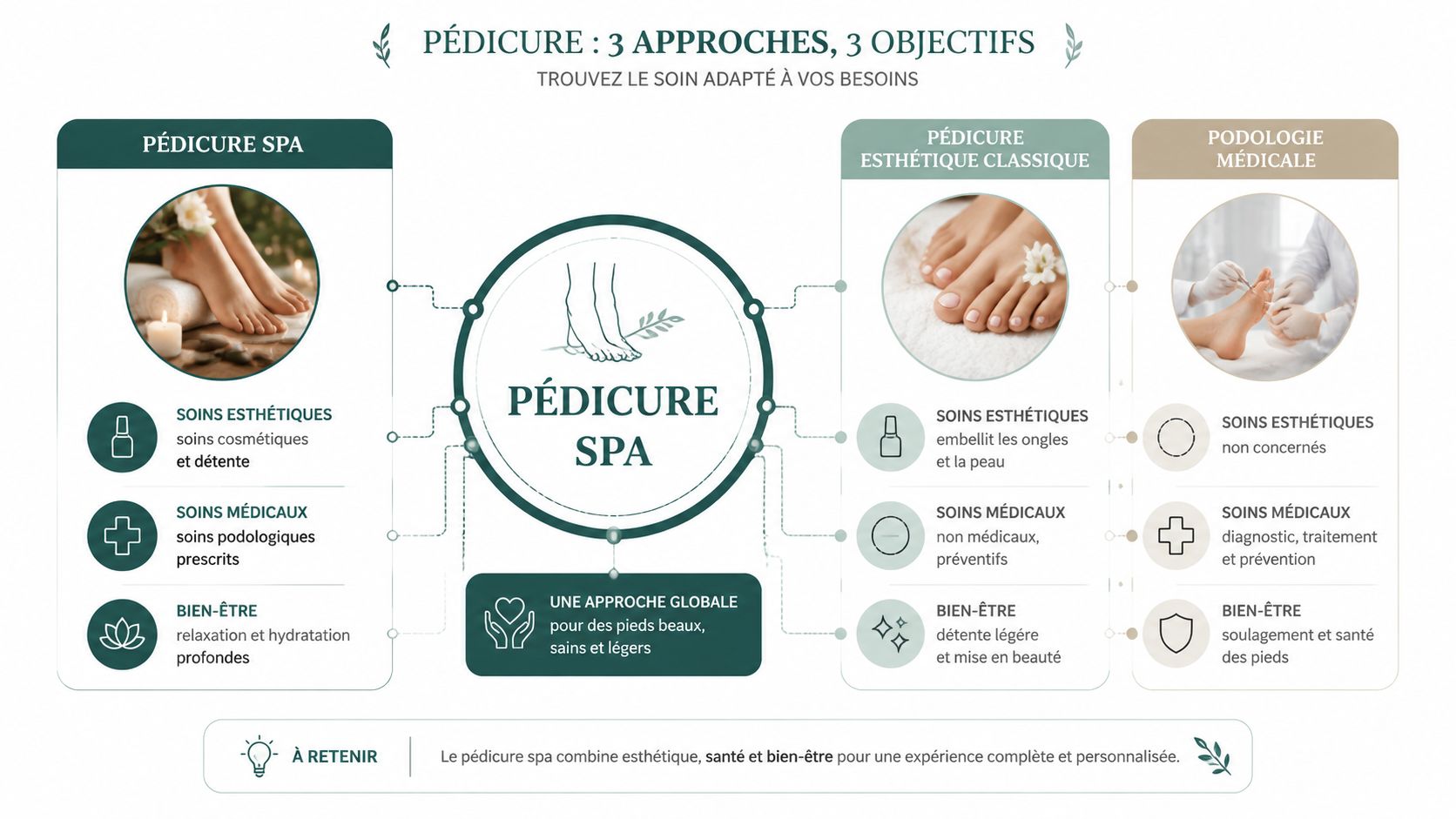 Infographie comparant trois approches de soins des pieds : pédicure spa, pédicure esthétique classique et podologie médicale.