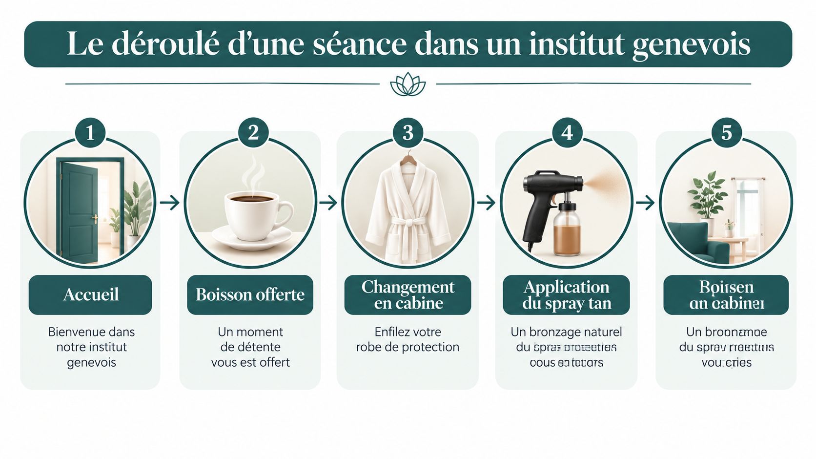 Infographie illustrant les cinq étapes d'une séance de bronzage par spray tan dans un institut à Genève.