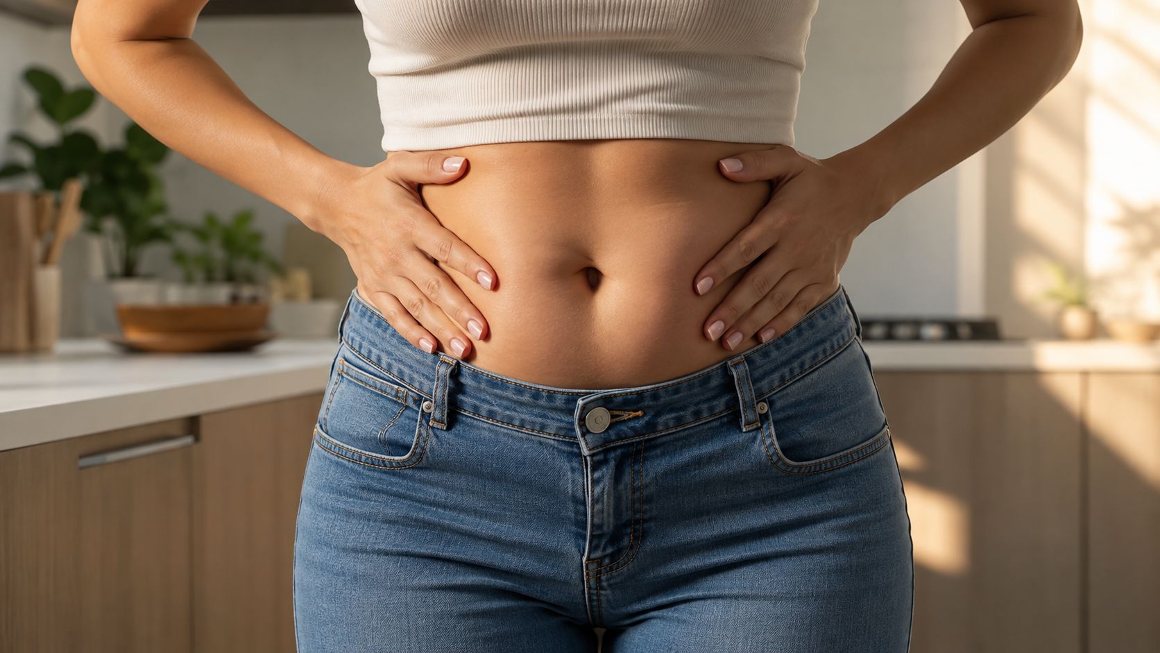 Une femme tenant son ventre qui semble présenter des signes de rétention d'eau ou de gonflement abdominal.