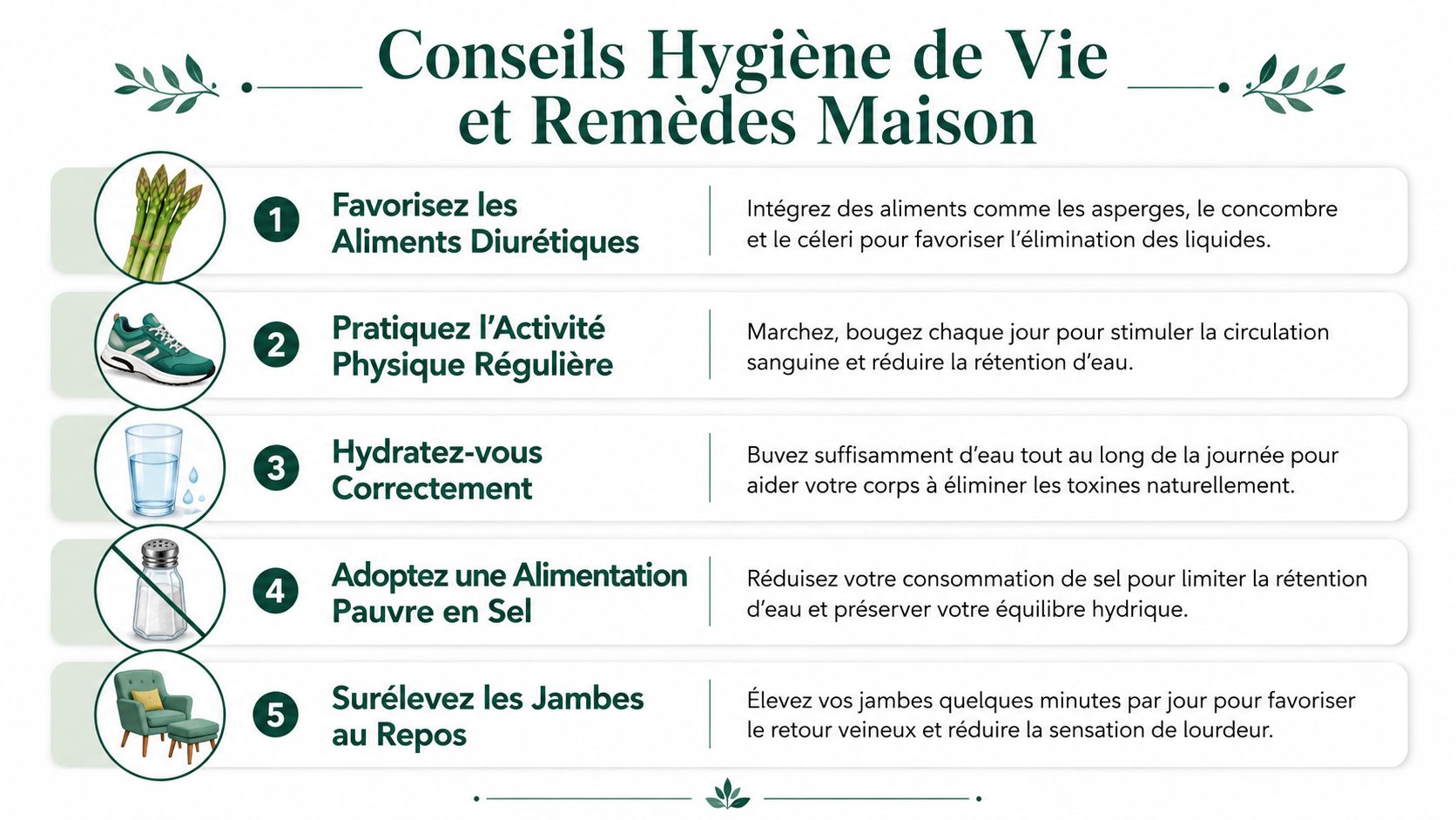 Infographie illustrant cinq conseils hygiéniques et remèdes maison pour soulager la rétention d'eau au quotidien.