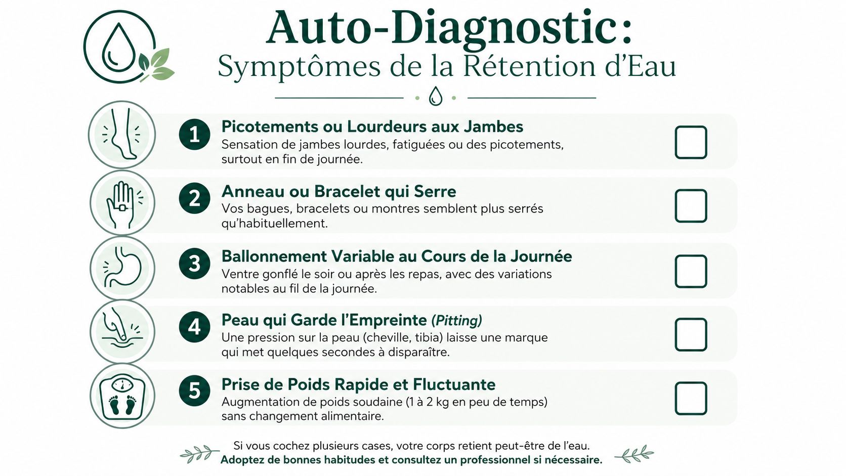 Check-list d'auto-diagnostic illustrant les cinq principaux symptômes physiques de la rétention d'eau dans le corps humain.