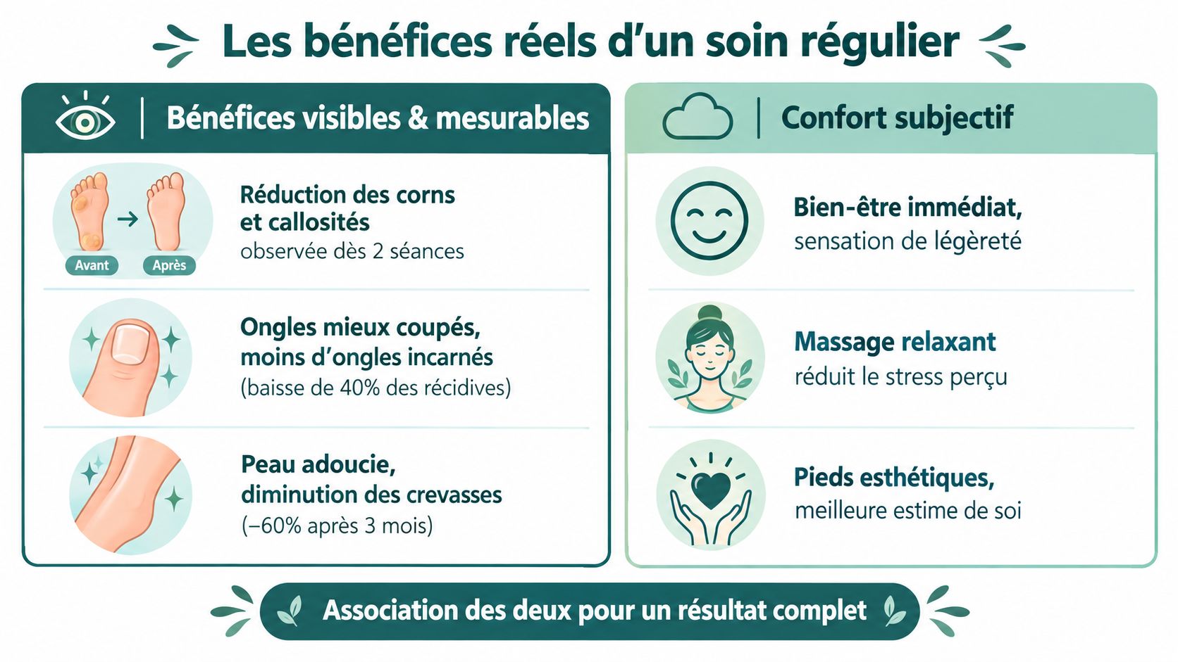 Infographie illustrant les bénéfices visibles, mesurables et le confort subjectif d'un soin régulier des pieds.