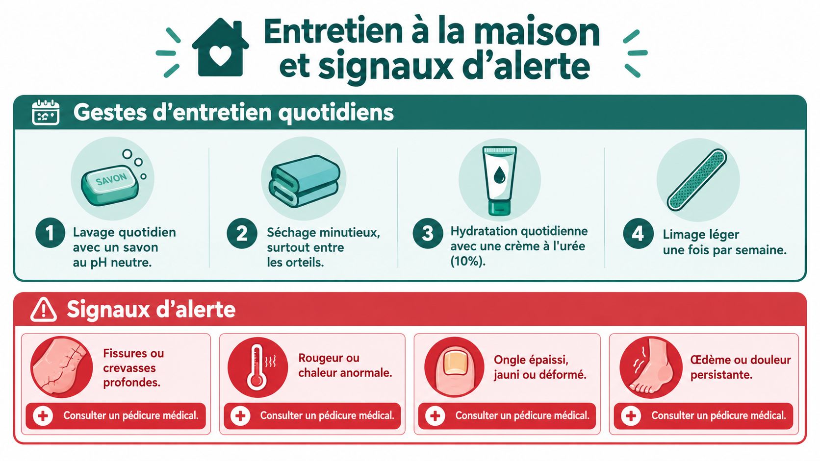 Infographie illustrant les conseils d'entretien quotidien des pieds et les signaux d'alerte nécessitant un pédicure médical.