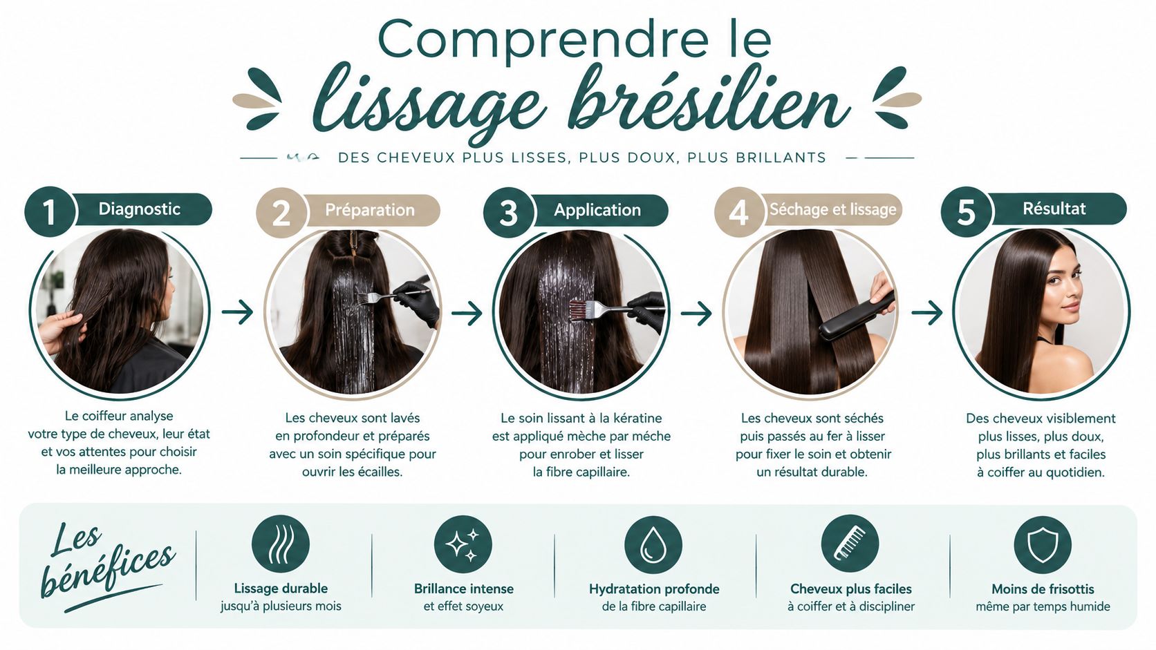 Infographie illustrant les cinq étapes du processus de lissage brésilien et ses nombreux bienfaits pour les cheveux.
