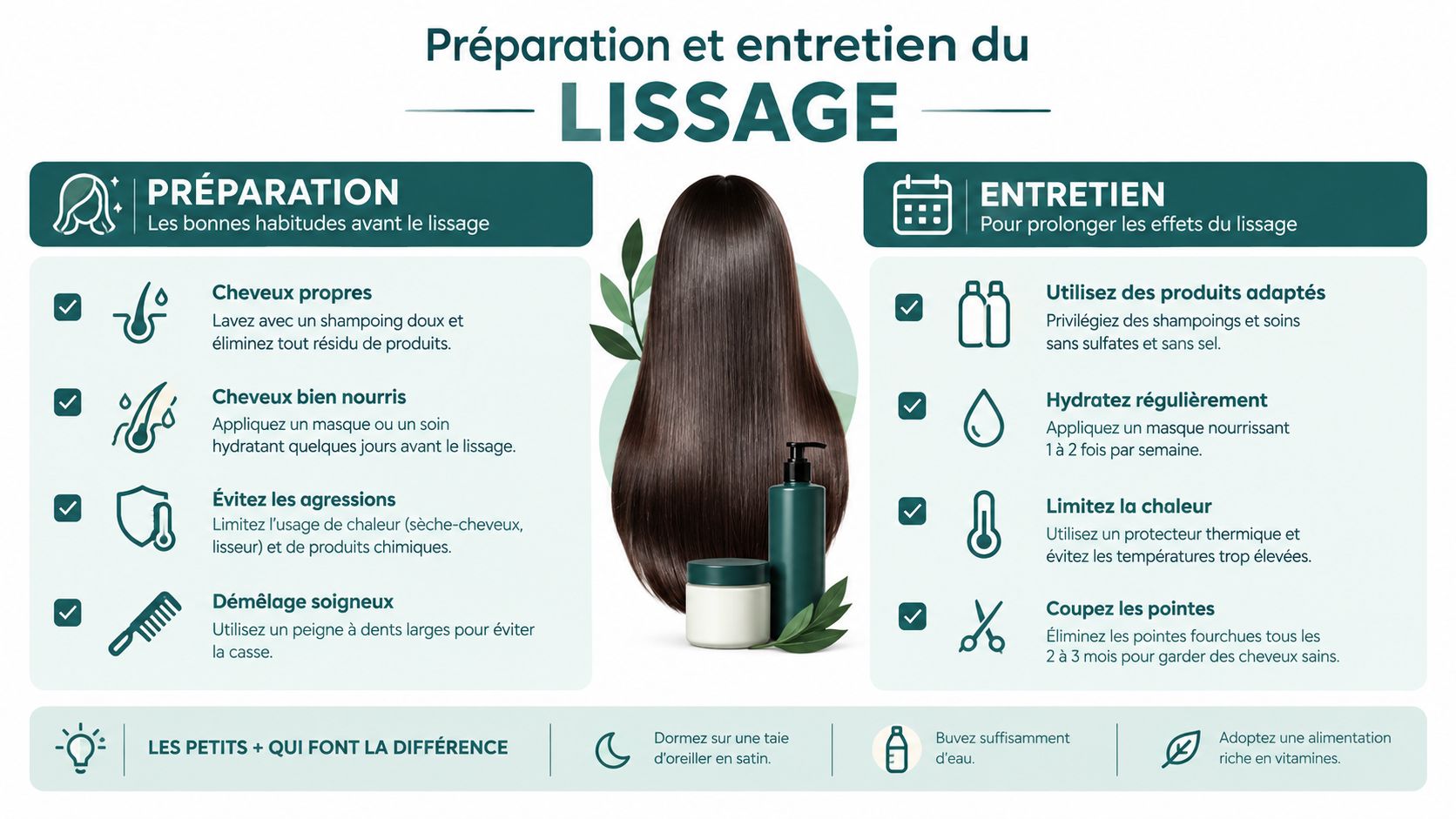 Infographie présentant les étapes essentielles de préparation et d'entretien pour réussir et prolonger un lissage de cheveux.