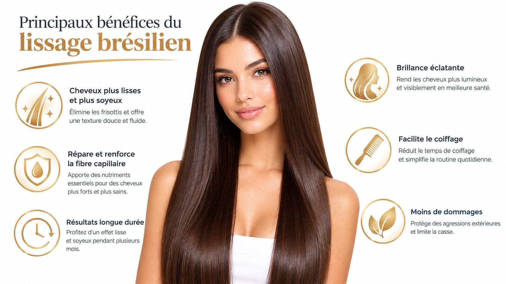 Une femme aux longs cheveux bruns lisses présentant les bénéfices du lissage brésilien avec des icônes explicatives.