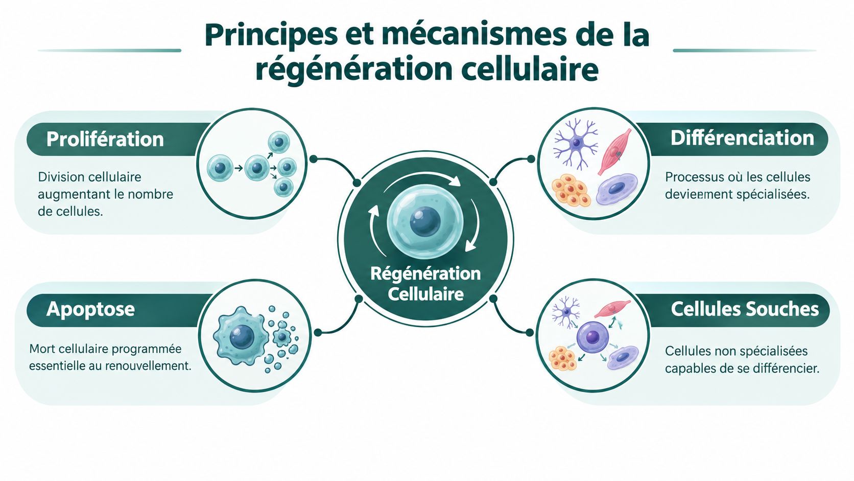 Schéma explicatif illustrant les principes et mécanismes fondamentaux de la régénération cellulaire, incluant prolifération, apoptose, différenciation et cellules souches.