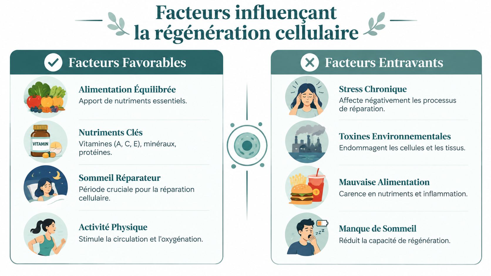 Infographie illustrant les facteurs favorables et entravants la régénération cellulaire, du mode de vie à l'environnement.