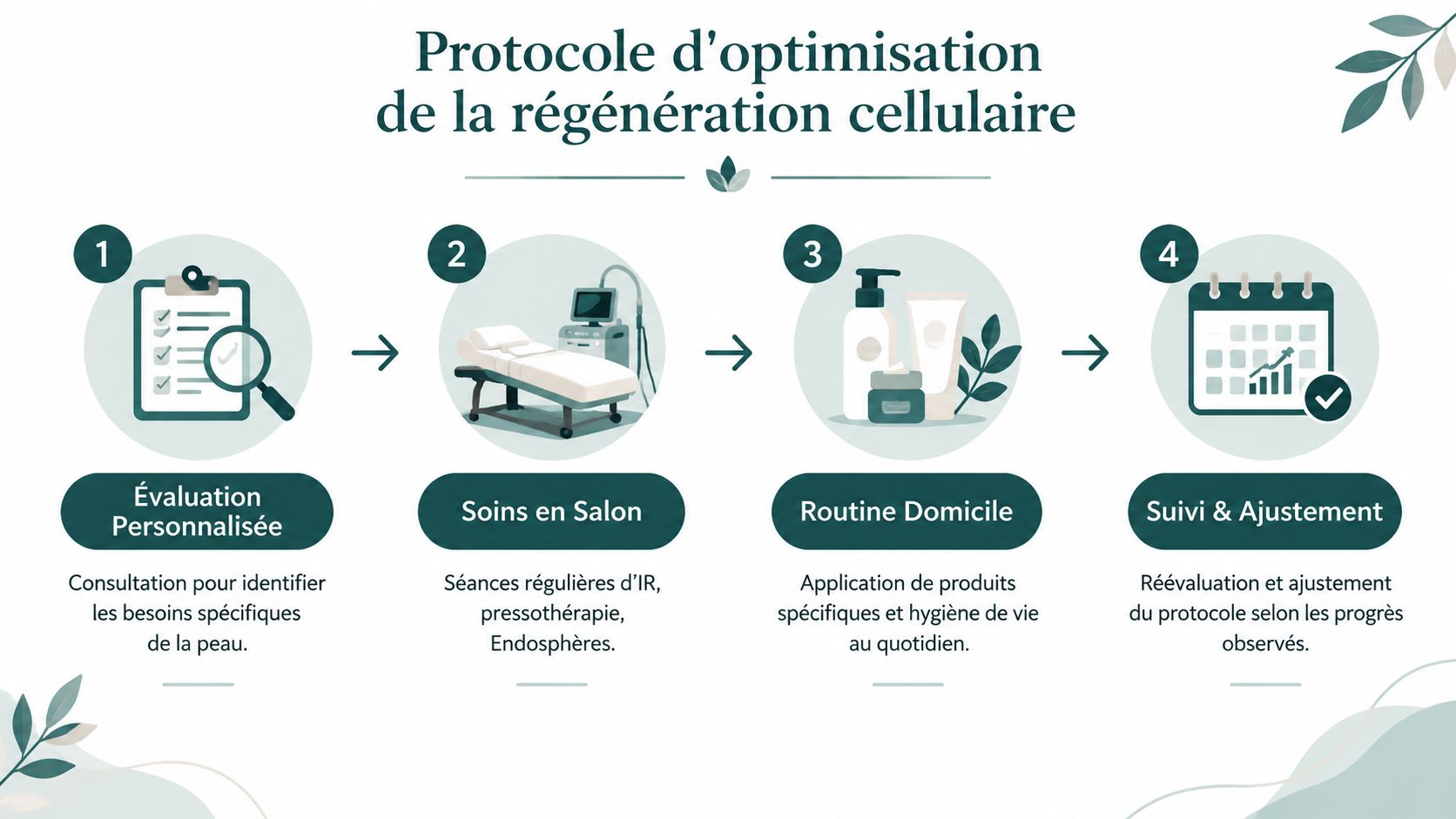 Schéma en quatre étapes illustrant le protocole d'optimisation de la régénération cellulaire pour les soins de la peau.