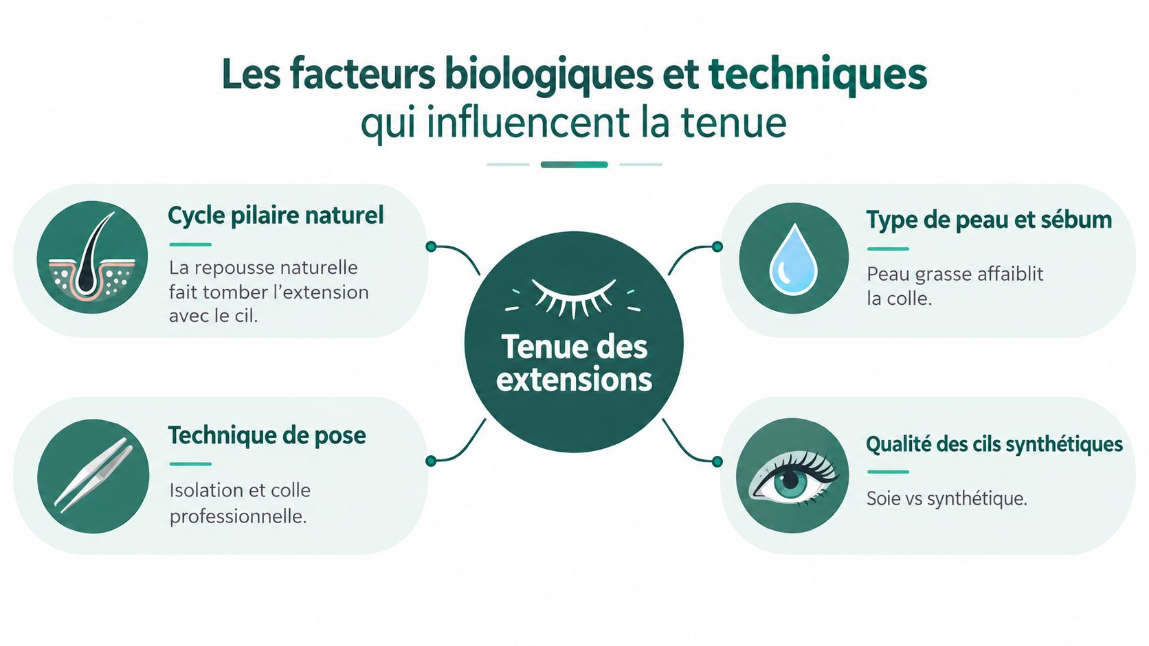 Infographie illustrant les quatre facteurs biologiques et techniques influençant la durée de tenue des extensions de cils.