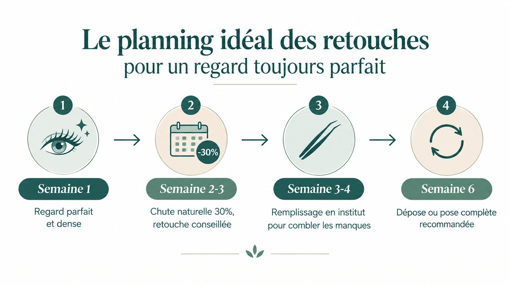 Un graphique illustrant le calendrier idéal pour l'entretien et les retouches d'extensions de cils sur six semaines.