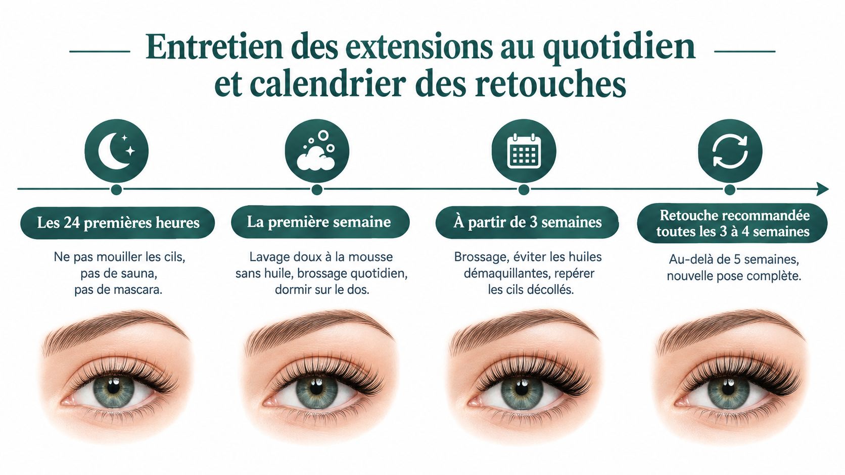 Infographie illustrant les étapes essentielles pour l'entretien quotidien et le calendrier des retouches d'extensions de cils.