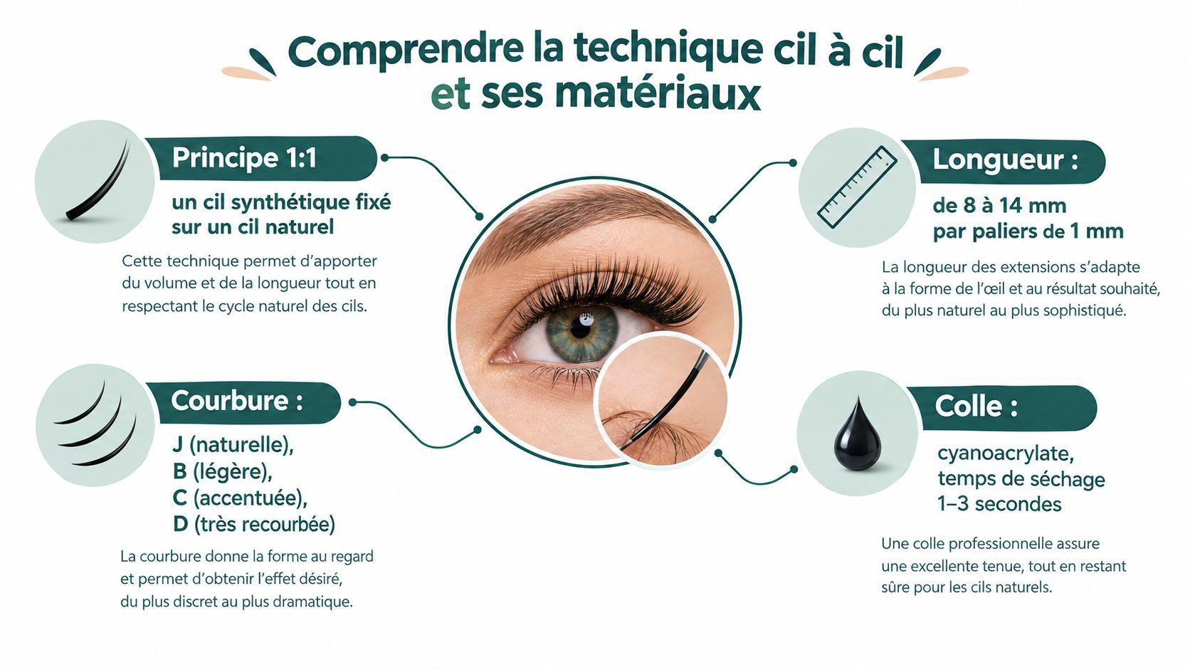 Infographie explicative sur la technique d'extensions de cils cil à cil, détaillant le principe, la courbure, la longueur et la colle.