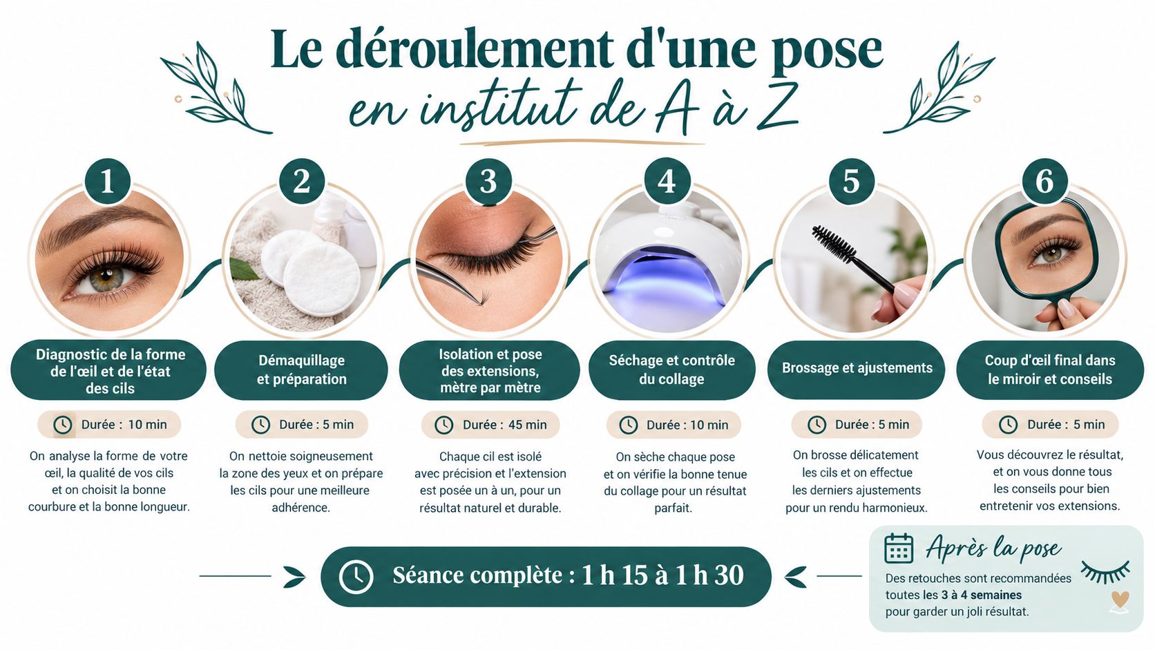Infographie illustrant les étapes de la pose d'extensions de cils en institut, de l'analyse initiale aux conseils finaux.
