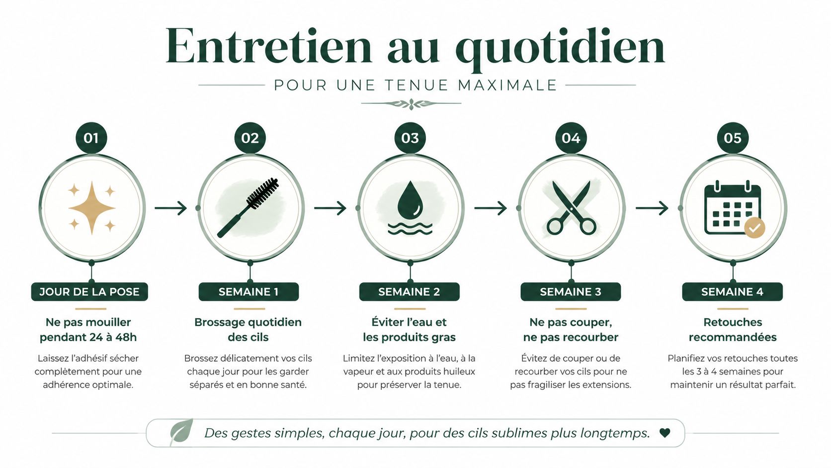 Infographie illustrant cinq étapes clés pour l'entretien quotidien des extensions de cils afin d'assurer leur longévité.