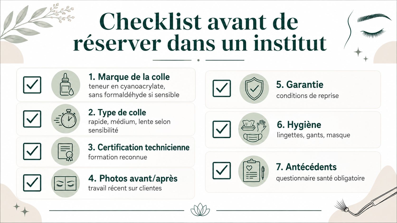 Check-list des points importants à vérifier avant de réserver une pose d'extensions de cils en institut.