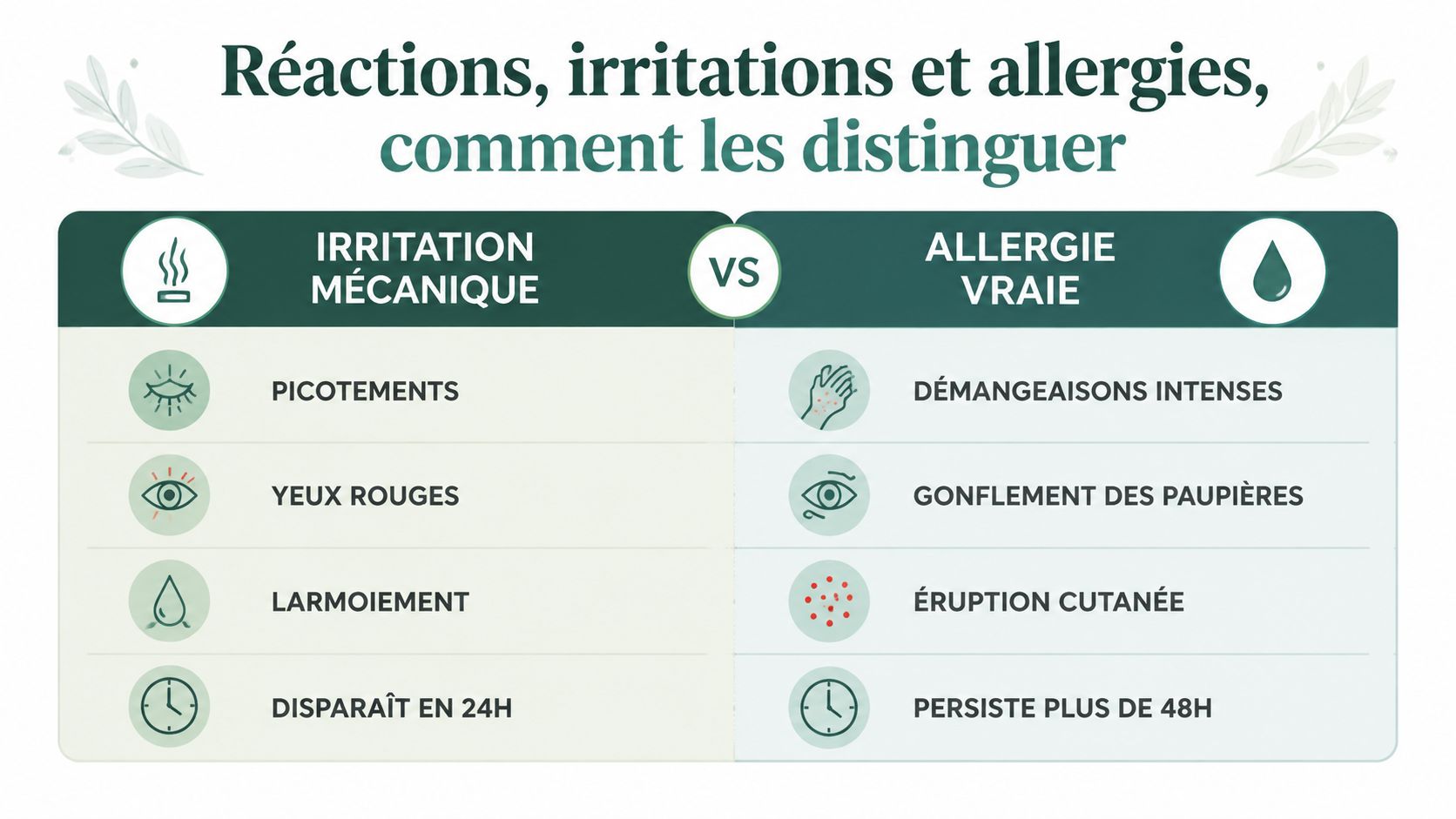 Tableau comparatif illustré distinguant les symptômes de l'irritation mécanique des cils de ceux de l'allergie réelle.