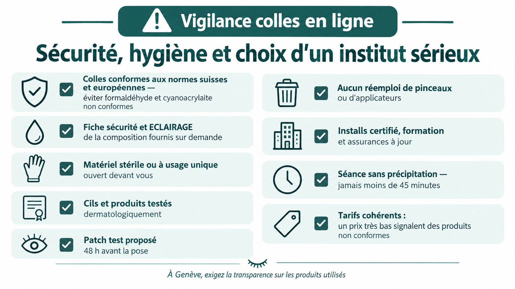 Infographie détaillant les critères de sécurité et d'hygiène essentiels pour choisir un institut d'extensions de cils.