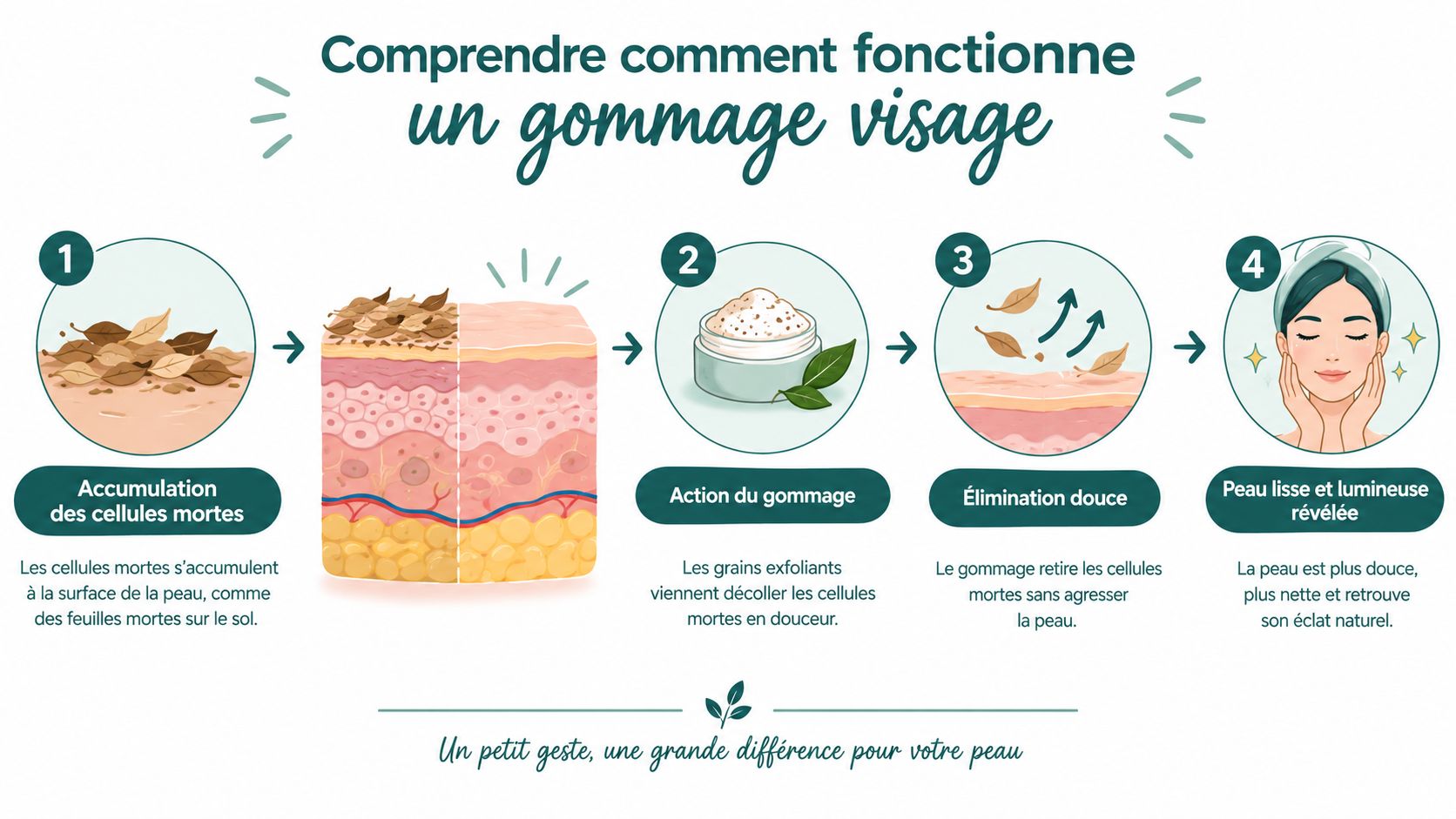 Infographie expliquant le processus d'exfoliation du visage pour éliminer les cellules mortes et retrouver une peau éclatante.