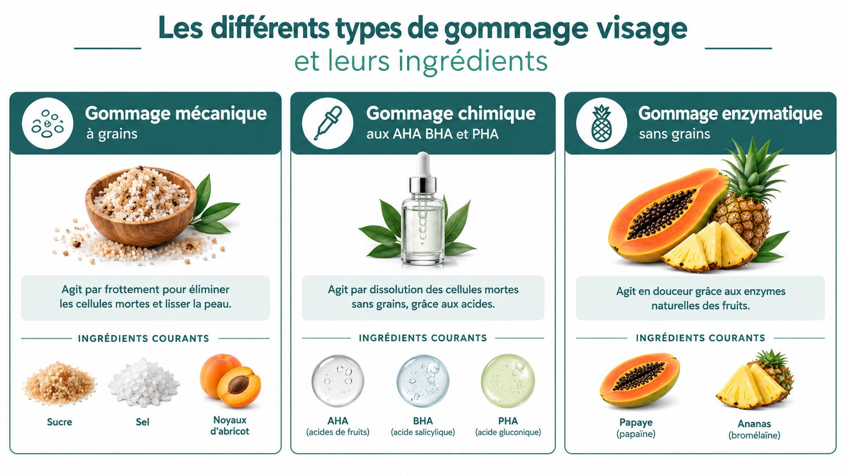 Infographie illustrant les trois différents types de gommage pour le visage : mécanique, chimique et enzymatique.