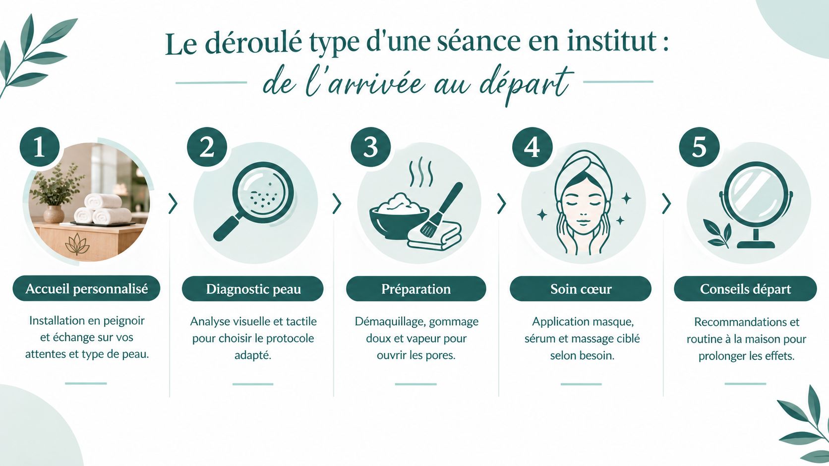 Infographie illustrant les cinq étapes d'un soin du visage en institut, de l'accueil aux conseils de fin.