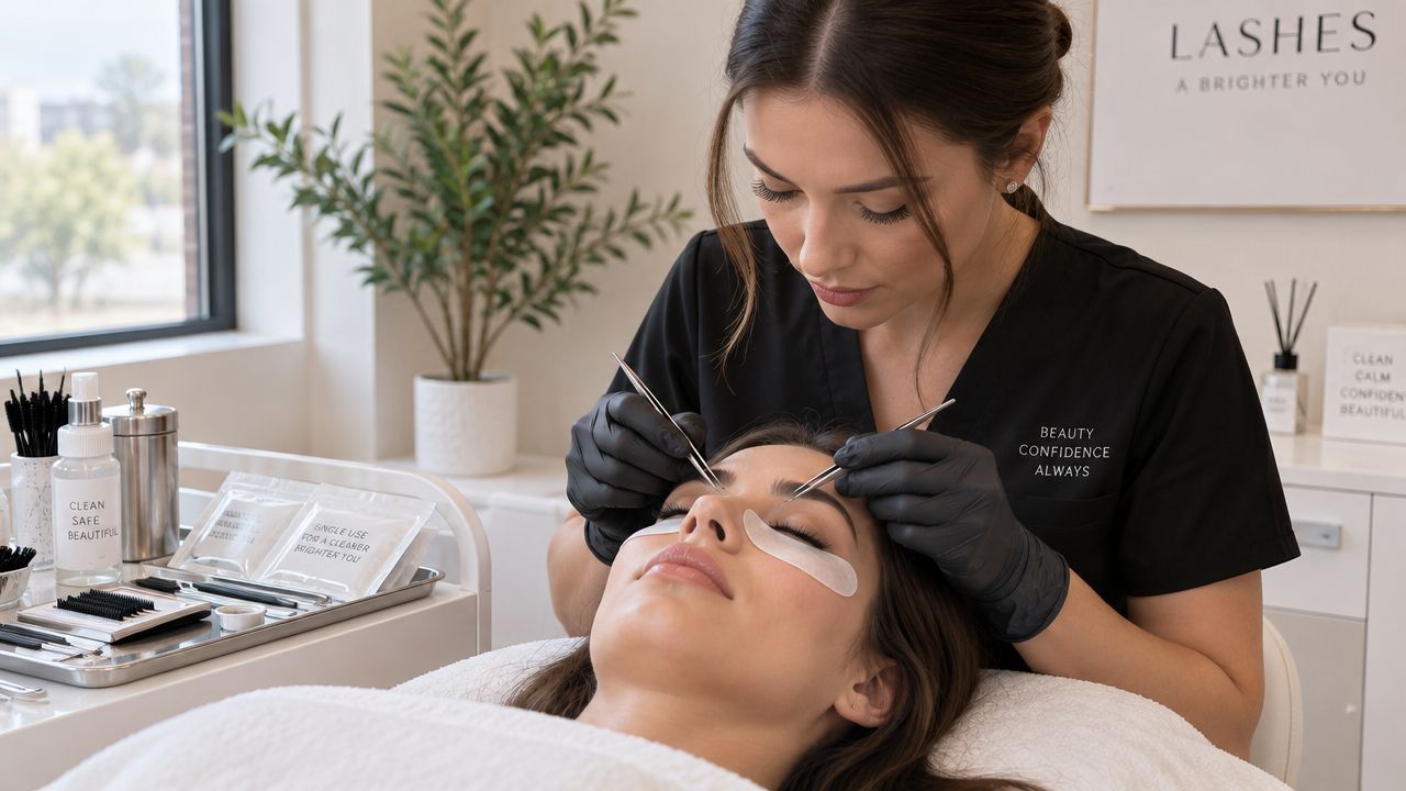 Une esthéticienne professionnelle appliquant délicatement des extensions de cils sur une cliente allongée dans un institut de beauté.