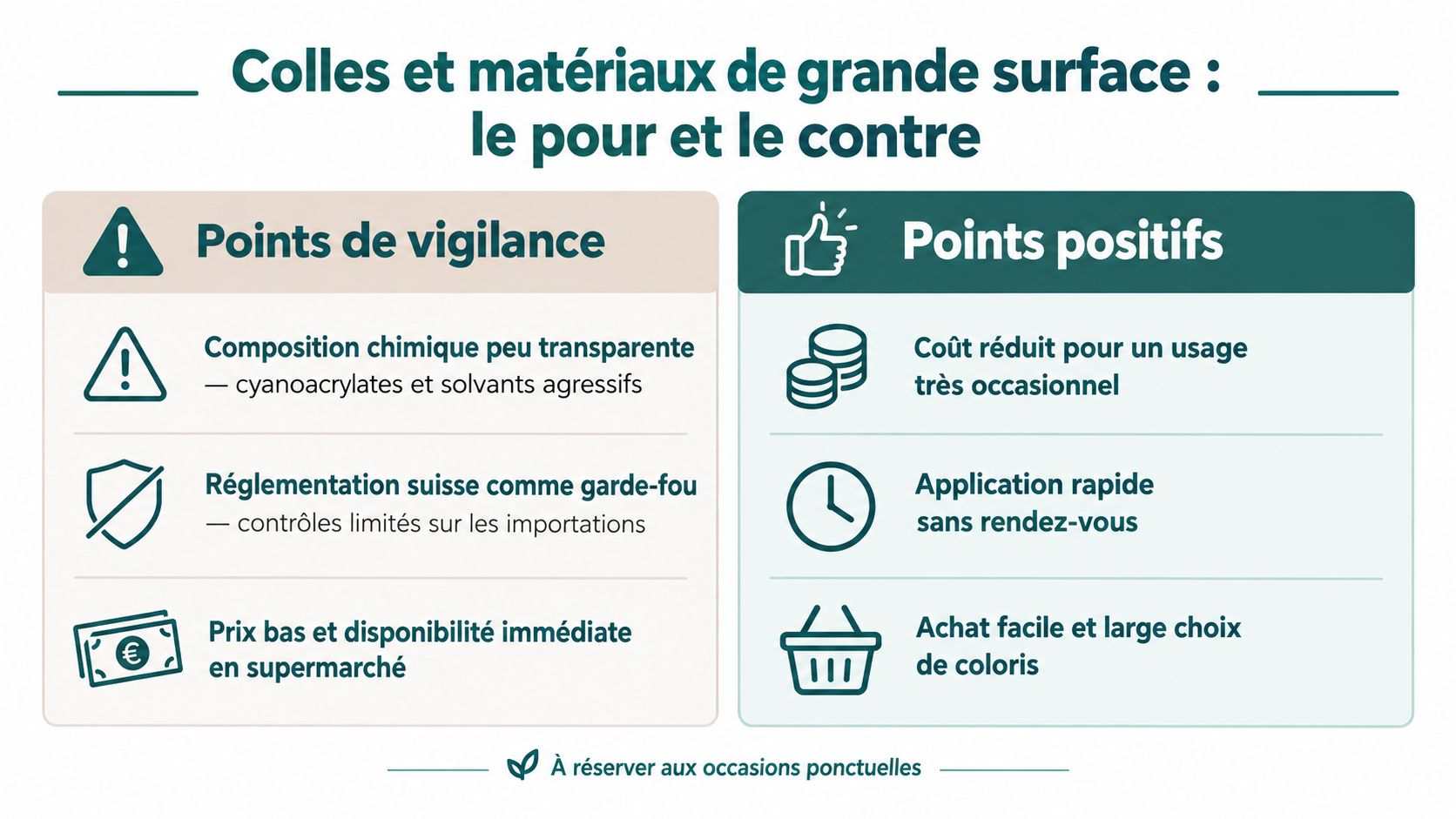 Tableau comparatif présentant les avantages et les inconvénients des colles et matériaux achetés en grande surface.