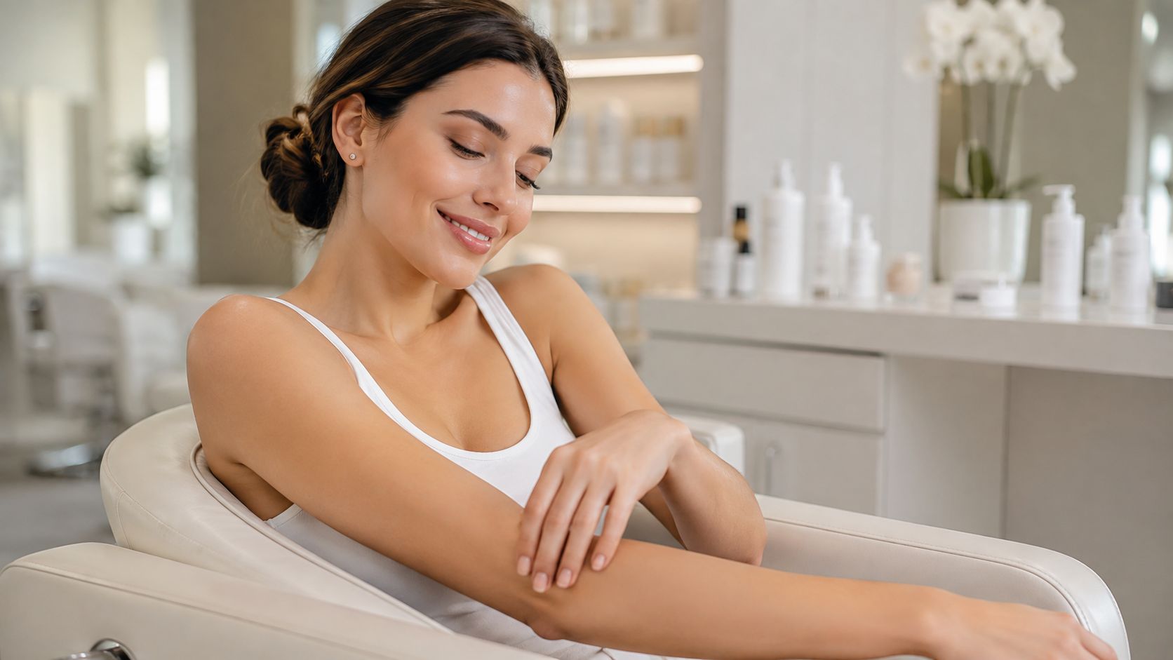 Une femme souriante assise dans un salon de beauté examinant la douceur de la peau de son bras.